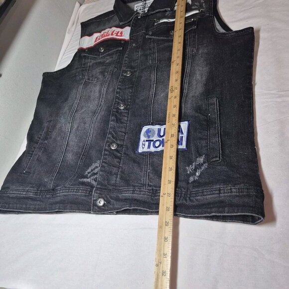 Born Fly Men's Denim Vest Size XL Black Wash Distressed News Paper (03) - Picture 10 of 13